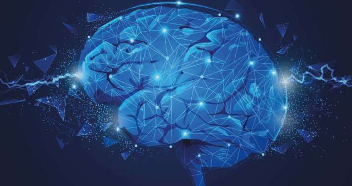 Grafische Darstellung eines Gehirns in blau gehalten, darüber liegt ein weißes Netz, welches den Empfang von elektrischen Impulsen signalisieren soll.